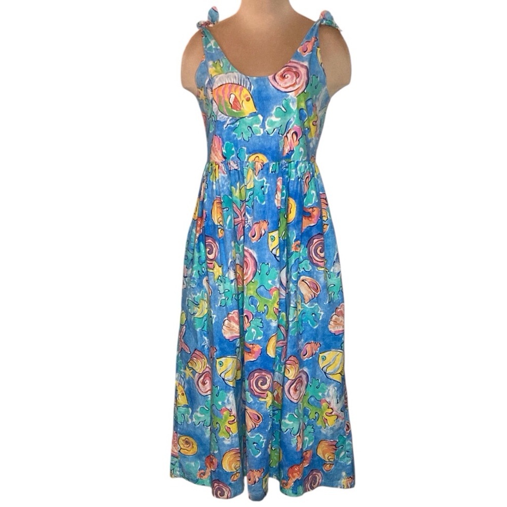 Vintage 80s Colorful Fish Print Maxi Dress